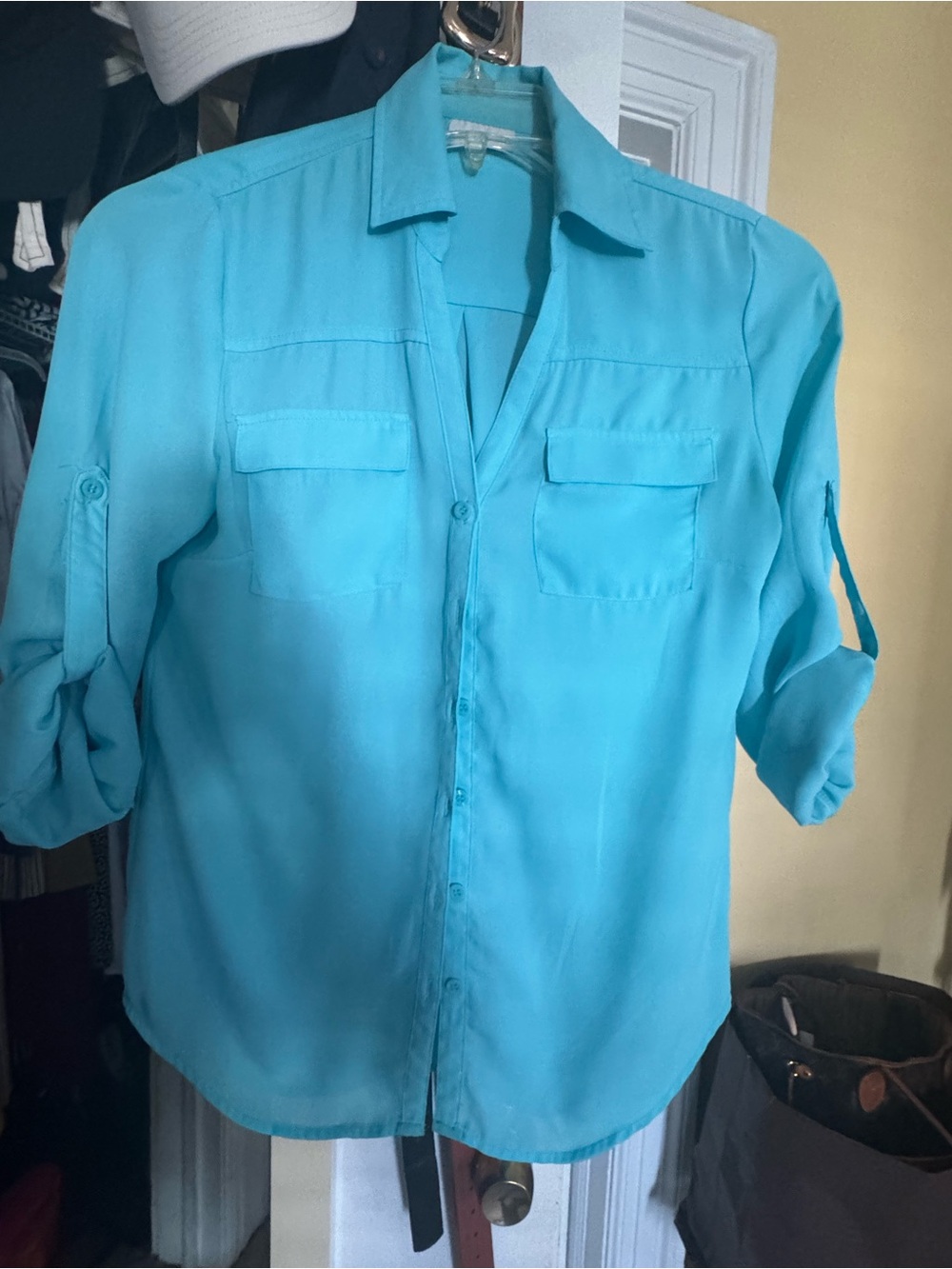 New York & Company Bright Turquoise Roll-Tab Button Down Shirt